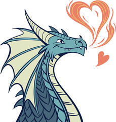 Fantasy dragon head exhaling fiery hearts symbolic love and magic isolated on transparent background