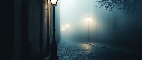 Foggy, cobblestone alley at night