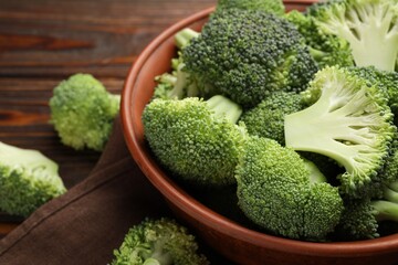 Fresh raw broccoli in bowl on table, closeup