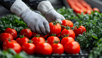 Gloved Hands Carefully Selecting Ripe Tomatoes from Vine