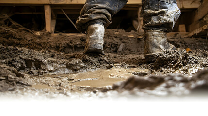 Muddy Boots Stomping Through a Flooded Crawl Space After a Storm