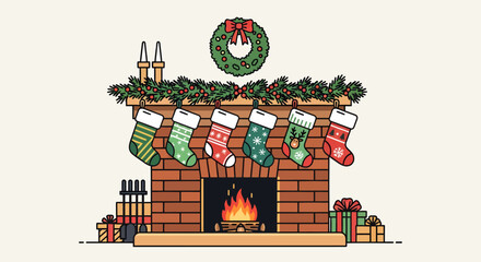 Cozy Christmas fireplace with hanging stockings and festive decorations.