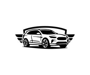 Dynamic SUV Mountain Speed Logo Engraving Vector Illustration