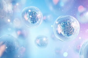Close-up of human cells with blue organelles floating in a gradient background