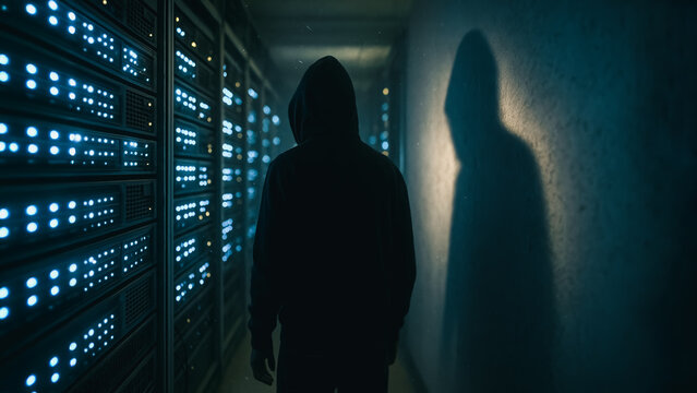 A mysterious hooded figure casts a long shadow in a dimly lit data center, symbolizing the unseen threats and complexities of digital security.