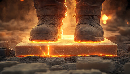 Industrial Worker's Feet on Molten Metal Slab in a Steel Mill