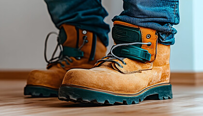 Close-up of Tan Work Boots with Teal Accents on Wooden Floor