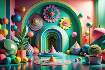 Fototapeta premium Vibrant Abstract Scene with Colorful Geometric Shapes, Floral Elements, and Lush Greenery in a Playful, Modern Setting