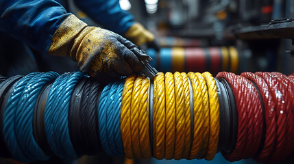 Close-up of a Worker Handling Colorful Industrial Rope