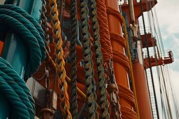 Textured Ropes and Cables on a Ship, with Orange and Teal Hues