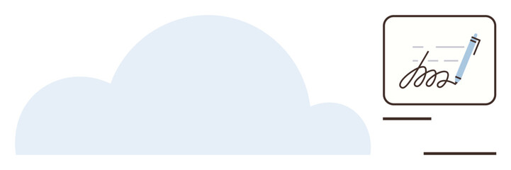 Cloud graphic with digital document and stylized pen e-signature. Ideal for technology, remote work, data storage, modern communication, legal documentation, workflow automation, simple flat metaphor