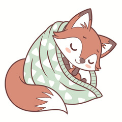 Adorable fox cub sleeping snugly under a cozy patterned blanket cute animal art isolated on transparent background