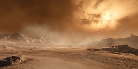 Martian landscape under a dusty sky