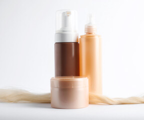 Hair strand and cosmetic products on white background