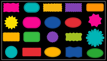 A vibrant vector set of colorful label and sticker shapes, featuring varied borders and forms on a black background. perfect for tags, packaging, scrapbooking, and digital design.