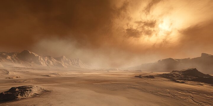 Martian landscape under a dusty sky