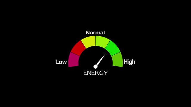 Energy level meter decreasing from normal to low level, ideal for concepts. Meter directional animation on black background.