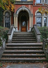 Naklejka premium Old stone steps leading to a grand, red brick home with arched entryway. Autumn leaves litter the steps
