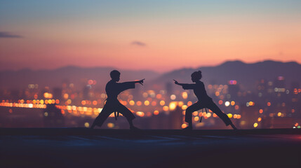 Silhouettes of children practicing taekwondo at sunset over city lights