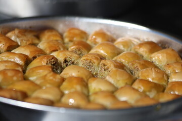 Tray of Traditional Turkish Baklava Dessert. Freshly Baked Baklava in Metal Tray