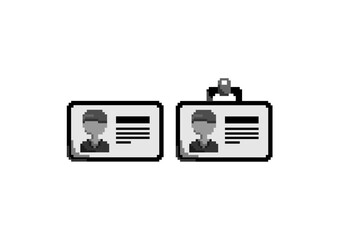 Black and white pixel art of two identification cards side by side, featuring profile icons and text lines, representing ID or employee badges.