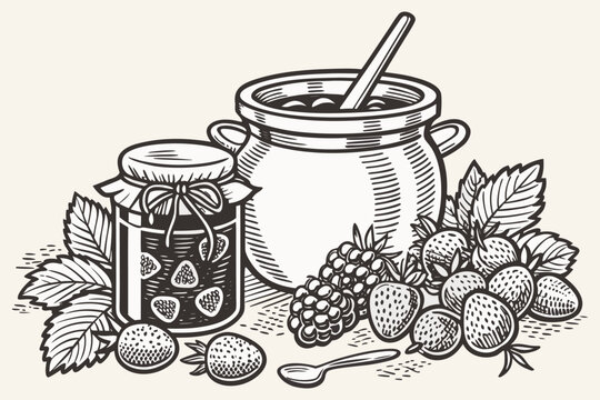 black and white jam pot and berries clip art preview