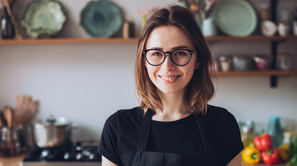 Smiling woman in kitchen wearing apron and glasses