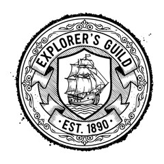 Explorer's Guild Sailing Ship Vintage Emblem Engraving Vector Illustration © trianatio