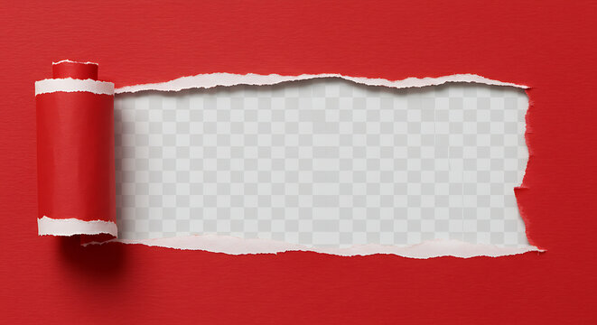 A red paper with a torn section revealing a transparent background and curled edge on the left side