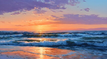 Obraz premium Sunset paints the ocean with vibrant colors reflecting on waves.