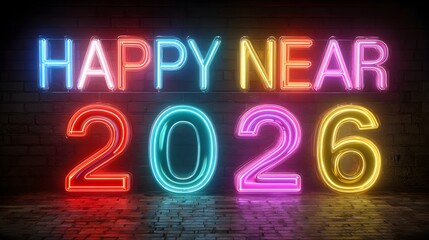 Neon glowing party lights framing &ldquo;Happy New Year 2026&rdquo; 3D text in bright vibrant colors