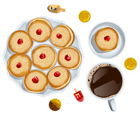Sufganiyah Jelly Doughnuts with Coffee, Driedels & Gelts Chocolate Coins - Isolated Jewish Dessert Breakfast Top View Composition Illustration