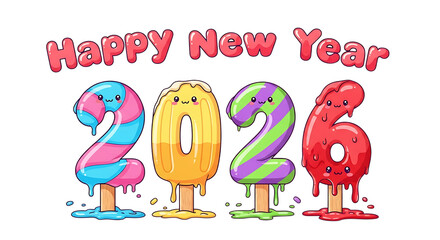 Happy new year 2026 festive celebration ice cream number design colorful dessert typography isolated on transparent background