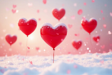Red Heart Balloons Floating Over a Snowy Field