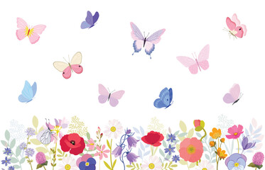 Wildflowers. Seamless border. Summer meadow flowers. Poppy flowers. Pink, red, blue, green colors. Flower illustrations, summer field, butterflies. Herbal decoration, romantic wildflowers, kitchen tow