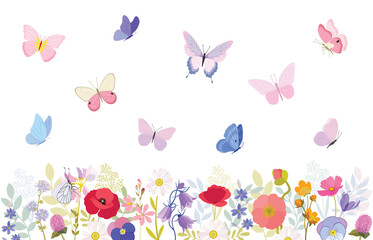 Wildflowers. Seamless border. Summer meadow flowers. Poppy flowers. Pink, red, blue, green colors. Flower illustrations, summer field, butterflies. Herbal decoration, romantic wildflowers, kitchen tow