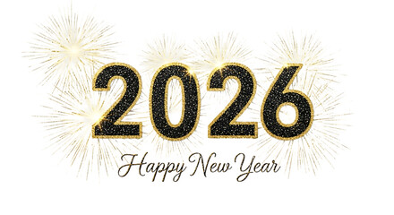 Happy new year 2026 golden numbers with festive fireworks sparkle celebration isolated on transparent background
