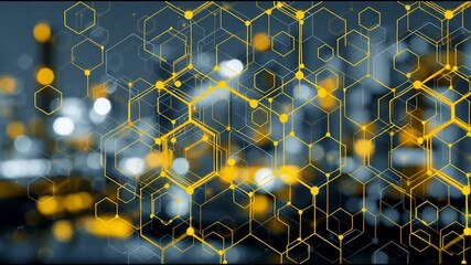 Hexagon Cityscape: A modern cityscape at dusk, overlaid with a network of glowing hexagonal shapes, represents the interconnectedness of data and technology. - Powered by Adobe