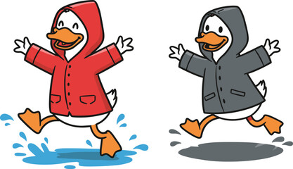 Cute cartoon duck wearing raincoat jumping in puddle, happy rainy day animal illustration, playful waterproof outfit concept