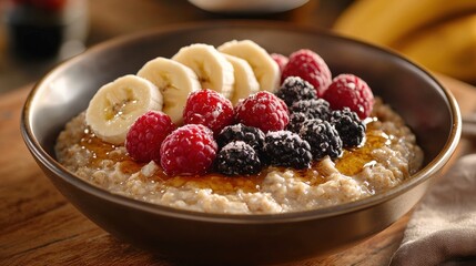 Delicious Oatmeal Breakfast Bowl with Fresh Berries and Banana Slices.