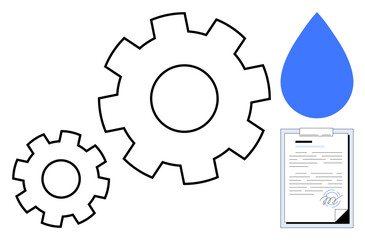 Two gears, a water droplet, and a signed document symbolizing industry, cooperation, responsibility, and eco-focus. Ideal for process, teamwork, sustainability innovation agreement growth