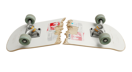 Broken skateboard symbolizes failure, accidents, and the end of a ride, showing destruction and the need for repair or a fresh start
