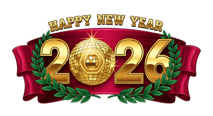 Happy new year 2026 festive emblem with gold numbers laurel wreath and ribbon isolated on transparent background