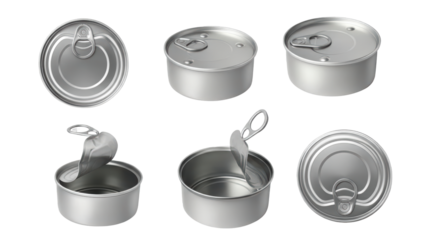 Metal food cans collection for realistic mockups and product packaging designs or illustrating food industry processes and storage solutions