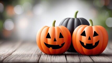 Fototapeta premium Festive pumpkin trio with jack-o'-lantern faces on rustic wooden surface