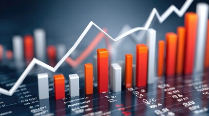 Rising bar graph and stock data with red and white columns on digital screen