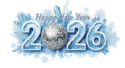 Happy new year 2026 with festive winter ice and disco ball celebration isolated on transparent background