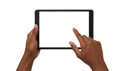 Person using tablet for remote work or entertainment with a blank screen