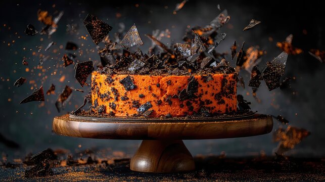 Dramatic Explosion of Chocolate and Orange Cake with Shattered Toppings on a Wooden Stand - Powered by Adobe