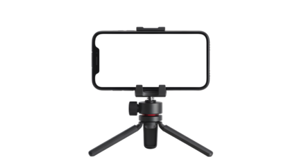 Mobile phone mounted on tripod stand, ready for content creation